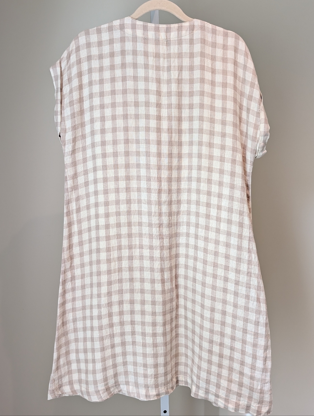 Lou & Grey Gingham Linen Shift Dress Cap Sleeves Casual Summer Cream Brown Small - Picture 5 of 13